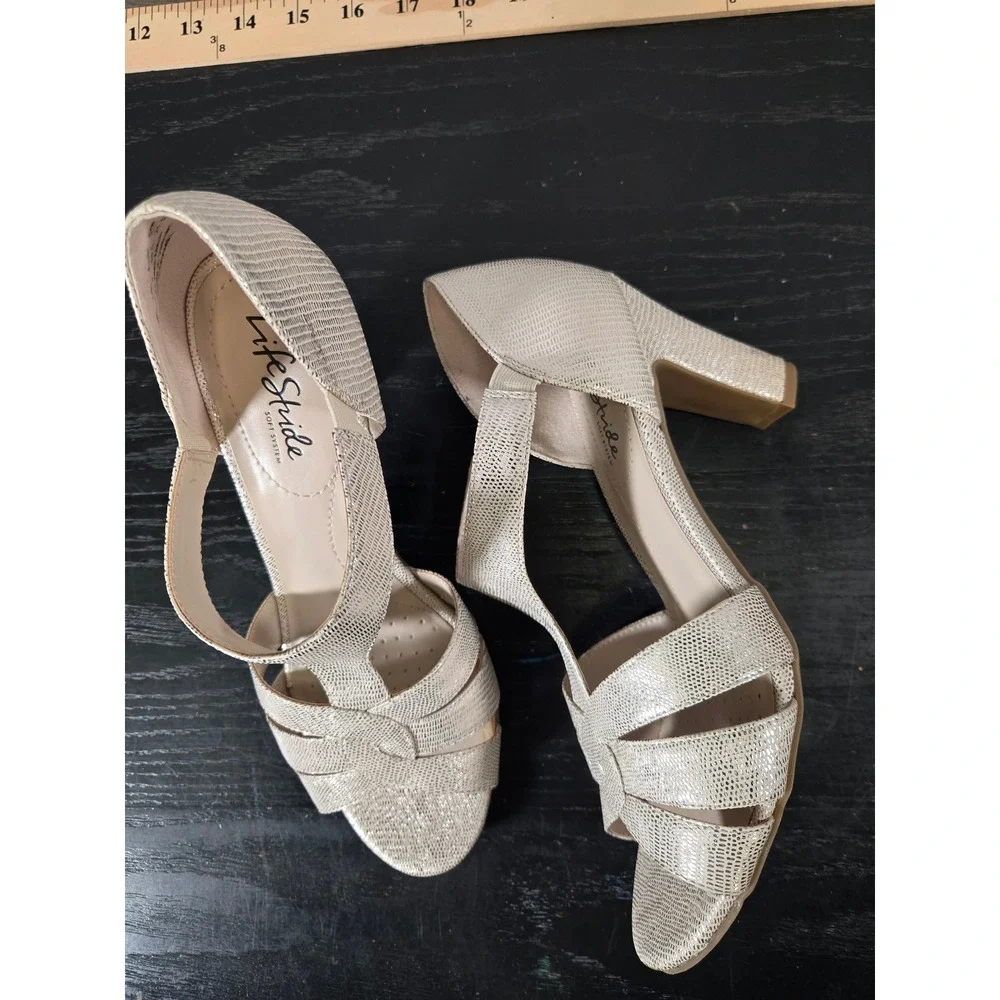 LifeStride Metallic Shimmer Strappy Caramel Block Heel Dress Sandals 8.5M